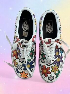 Vans White Canvas Sneakers with Multicolor Glitter Flowers
